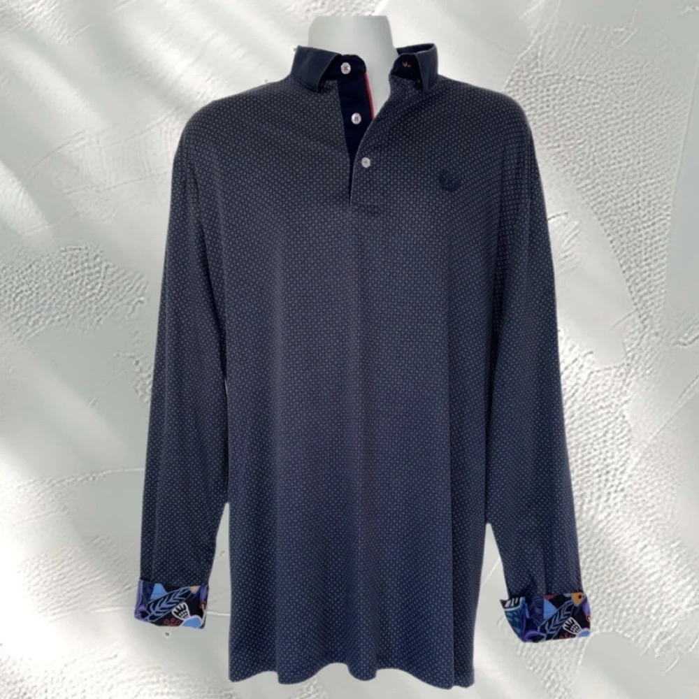 Au Noir 2XL Mercerised Cotton Shirt – Navy Geometric Button-Up w/ Contrast Trim